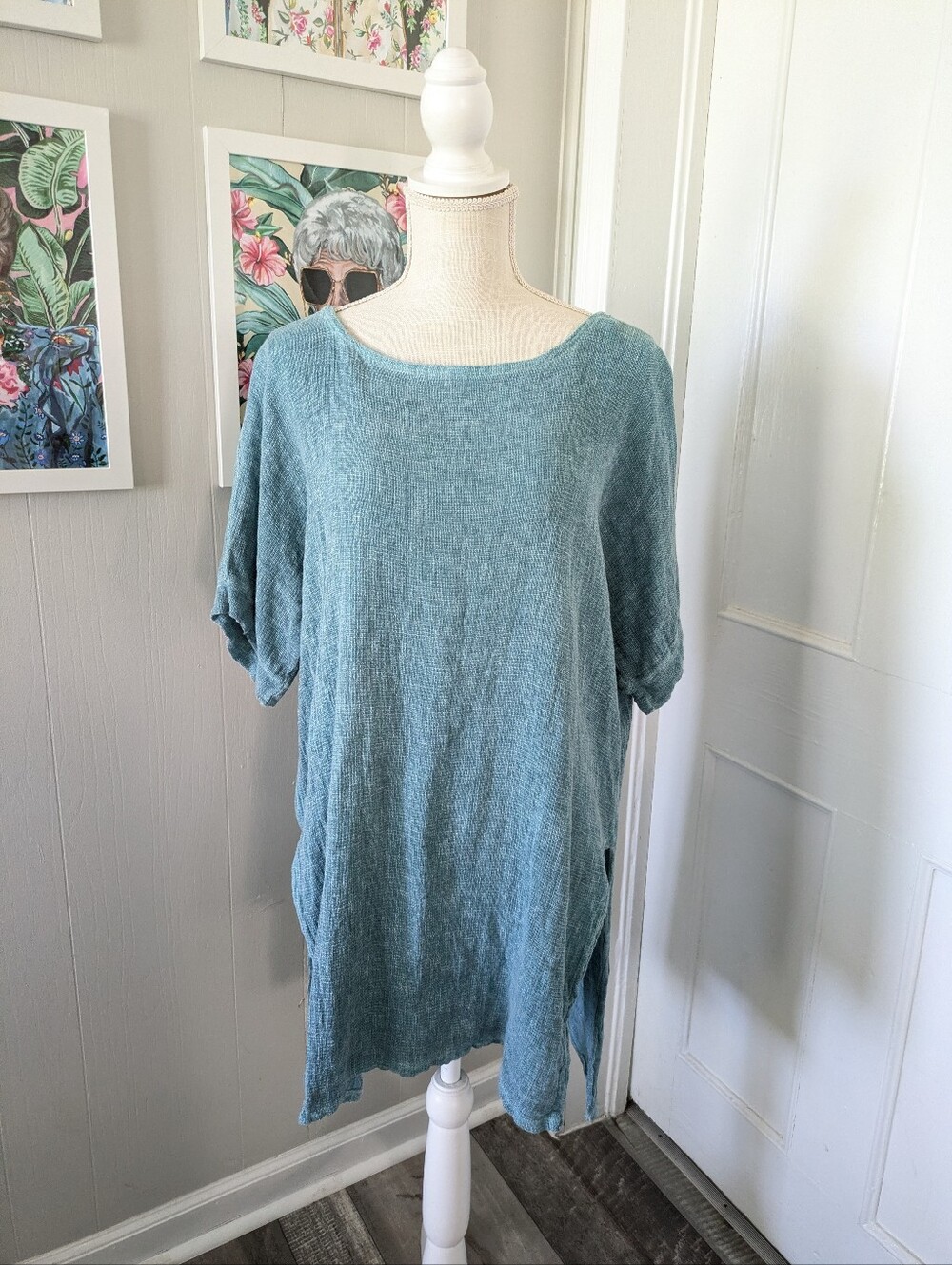 Meo Meli Linen Tunic Women One Size Boho Boxy Top Blouse Short Sleeve Blue Green